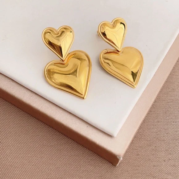 24K Gold Double Heart Earrings*Waterproof*Sweatproof* - Picture 7 of 7